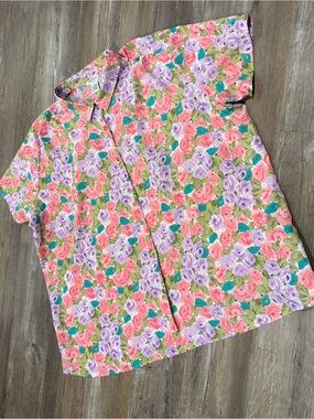 Floral Short-Sleeve Button-Down Shirt in Pink, Purple & Green